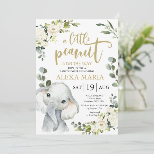 Elephant Greenery Peanut Baby shower Invite (Staand voorkant)