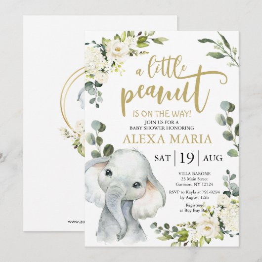 Elephant Greenery Peanut Baby shower Invite (Voorkant / Achterkant)