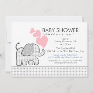 Elephant Grey Gingham Baby shower Kaart
