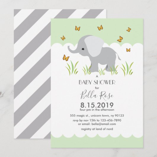 Elephant Grey Stripes Baby shower Invite Kaart (Voorkant / Achterkant)