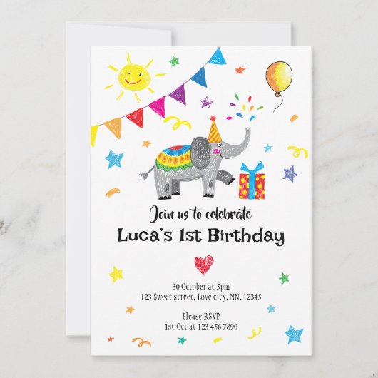 Elephant Hand Drawn First Birthday Invitation Kaart (Voorkant)
