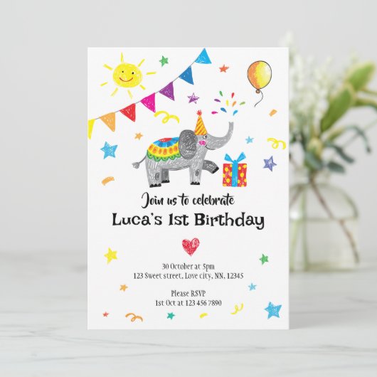 Elephant Hand Drawn First Birthday Invitation Kaart (Staand voorkant)