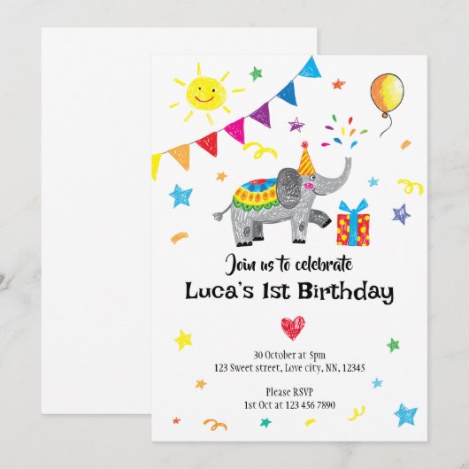 Elephant Hand Drawn First Birthday Invitation Kaart (Voorkant / Achterkant)
