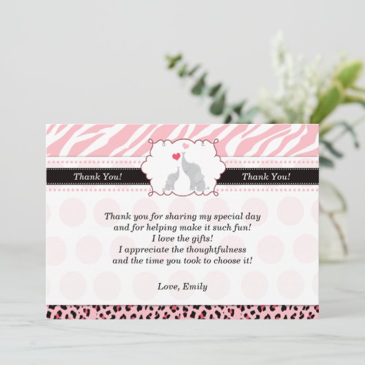 Elephant - Hartelijk dank voor de roze zwarte Zebr Bedankkaart (Staand voorkant)