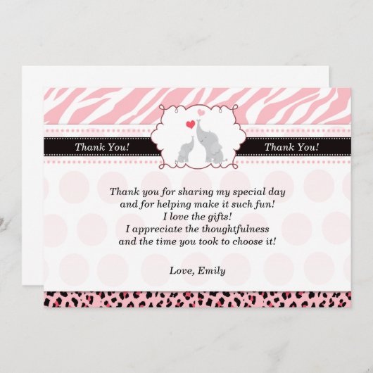 Elephant - Hartelijk dank voor de roze zwarte Zebr Bedankkaart (Voorkant / Achterkant)