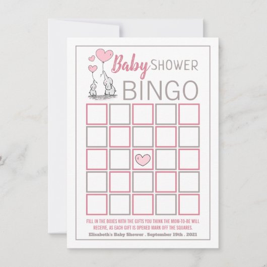 Elephant Hearts Baby shower Bingo (Voorkant)