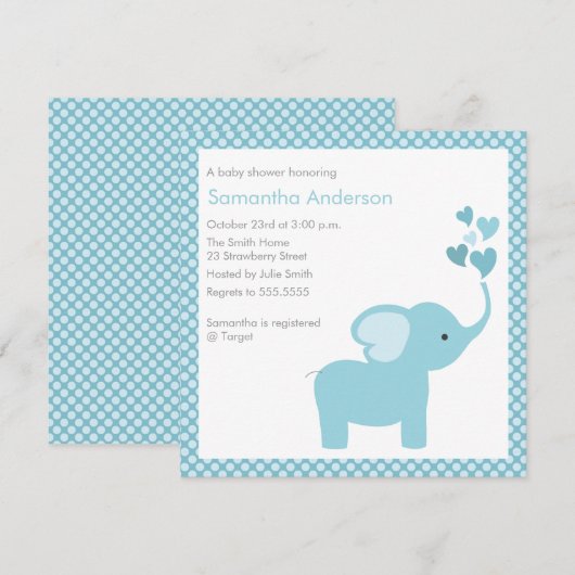 Elephant Hearts Baby shower Invitation - Boy Kaart (Voorkant / Achterkant)