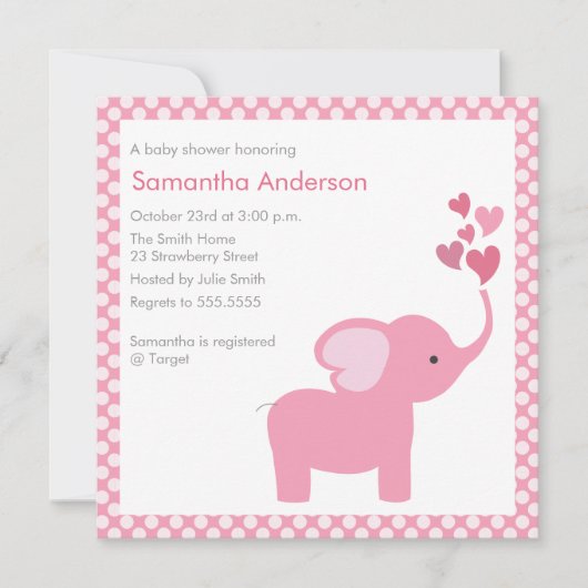 Elephant Hearts Baby shower Invitation - Girl Kaart (Voorkant)