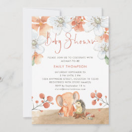 Elephant Hedégel Florals Coral Girl Baby shower Kaart