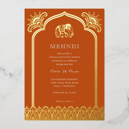 Elephant & Henna Design Pattern Indian Mehndi Gold Folie Uitnodiging (Voorkant)