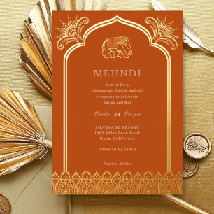 Elephant & Henna Design Pattern Indian Mehndi Gold Folie Uitnodiging