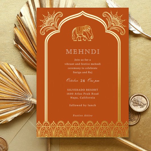 Elephant & Henna Design Pattern Indian Mehndi Gold Folie Uitnodiging