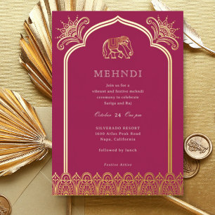 Elephant & Henna Design Pattern Indian Mehndi Gold Folie Uitnodiging
