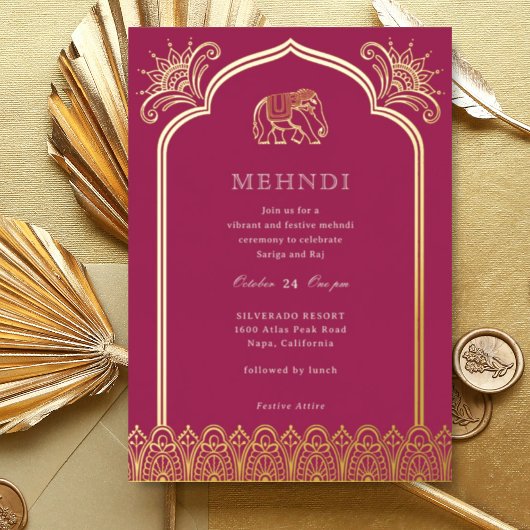 Elephant & Henna Design Pattern Indian Mehndi Gold Folie Uitnodiging