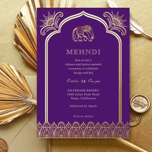 Elephant & Henna Design Pattern Indian Mehndi Gold Folie Uitnodiging
