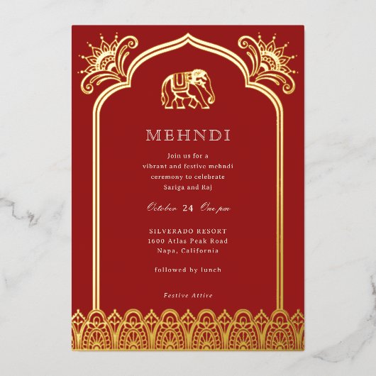 Elephant & Henna Design Pattern Indian Mehndi Gold Folie Uitnodiging (Voorkant)