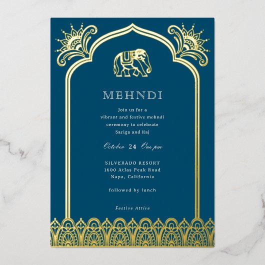 Elephant & Henna Design Pattern Indian Mehndi Gold Folie Uitnodiging (Voorkant)