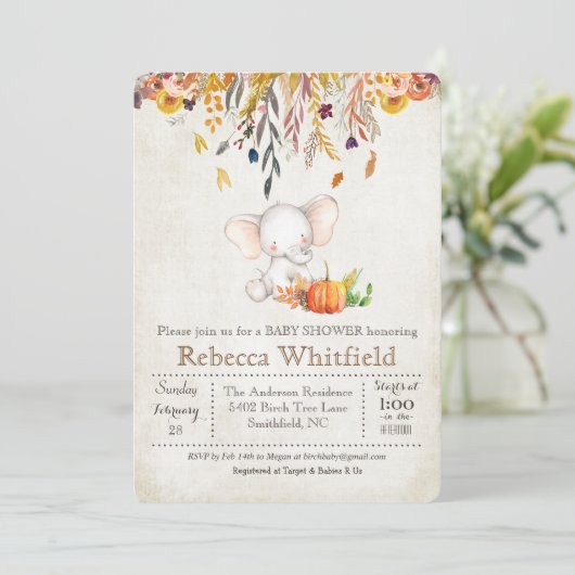 Elephant Herfst Pumpkin Baby shower Uitnodiging (Staand voorkant)