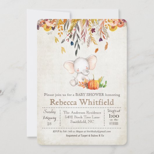 Elephant Herfst Pumpkin Baby shower Uitnodiging (Voorkant)