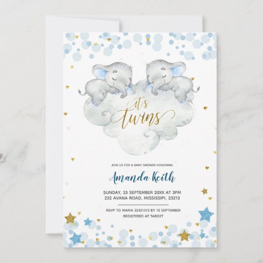 Elephant Het is Twins Baby shower Invitation Kaart (Voorkant)
