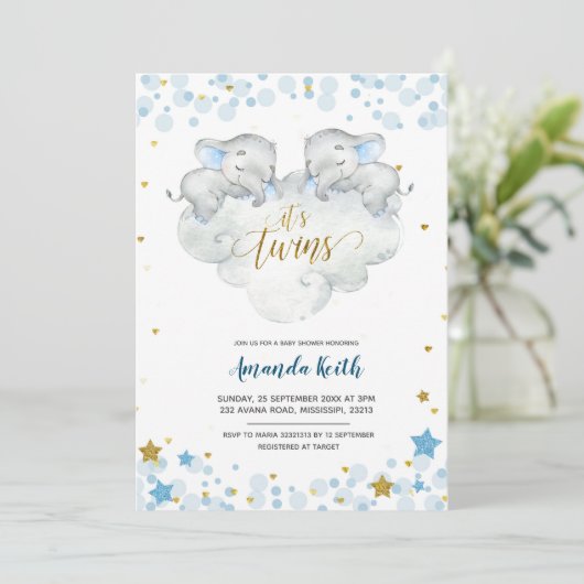 Elephant Het is Twins Baby shower Invitation Kaart (Staand voorkant)