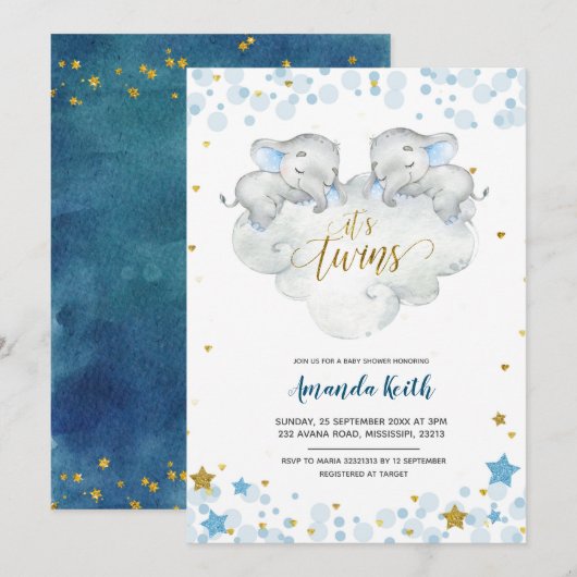 Elephant Het is Twins Baby shower Invitation Kaart (Voorkant / Achterkant)