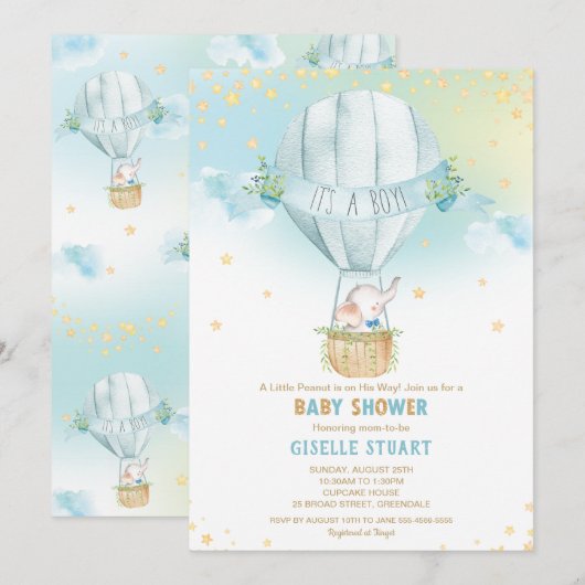 Elephant Hete Luchtballon Baby shower Boy Whimsy Kaart (Voorkant / Achterkant)