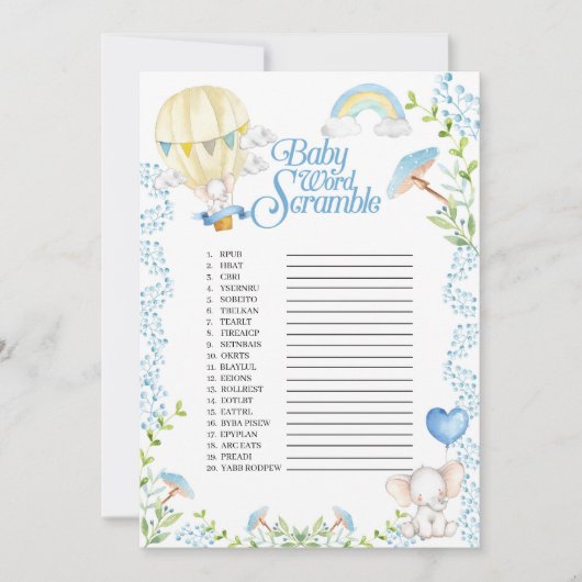 Elephant Hete Luchtballon Baby Woord Scramble Game Kaart (Voorkant)