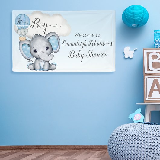 Elephant Hot Air Ballon Baby Boy Welkomstwoord Spandoek