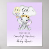 Elephant Hot Air ballon Baby Girl Paars Welkom Poster (Voorkant)