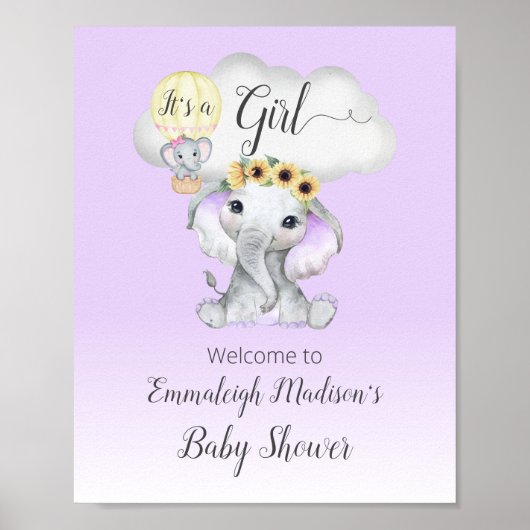Elephant Hot Air ballon Baby Girl Paars Welkom Poster (Voorkant)