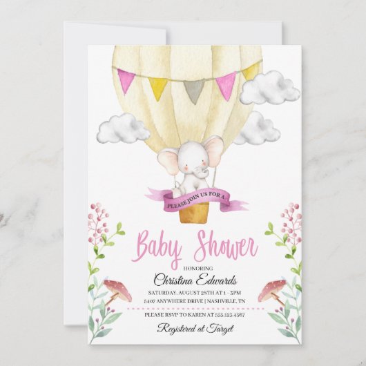 Elephant Hot Air Ballon Baby shower Uitnodiging (Voorkant)