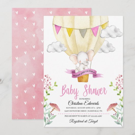 Elephant Hot Air Ballon Baby shower Uitnodiging (Voorkant / Achterkant)