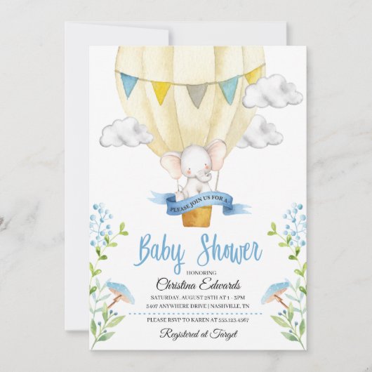 Elephant Hot Air Ballon Baby shower Uitnodiging (Voorkant)