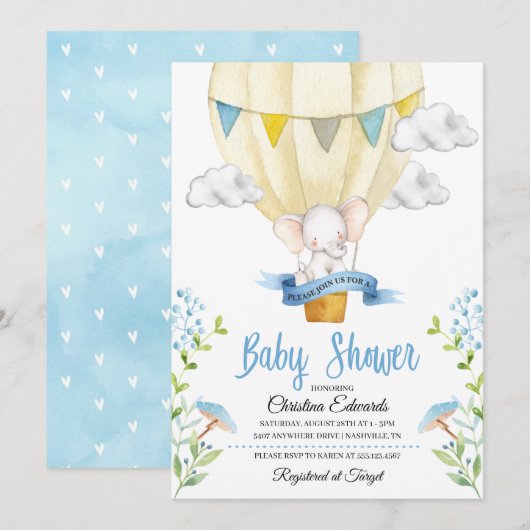Elephant Hot Air Ballon Baby shower Uitnodiging (Voorkant / Achterkant)