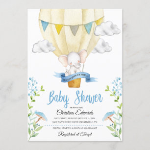 Elephant Hot Air Ballon Baby shower Uitnodiging