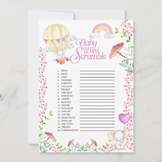 Elephant Hot Air Ballon Baby Word Scramble Game Kaart (Voorkant)