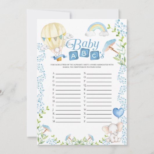 Elephant Hot Air Balloon Baby shower ABC's Game Kaart (Voorkant)