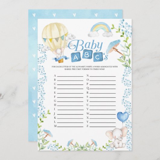 Elephant Hot Air Balloon Baby shower ABC's Game Kaart (Voorkant / Achterkant)