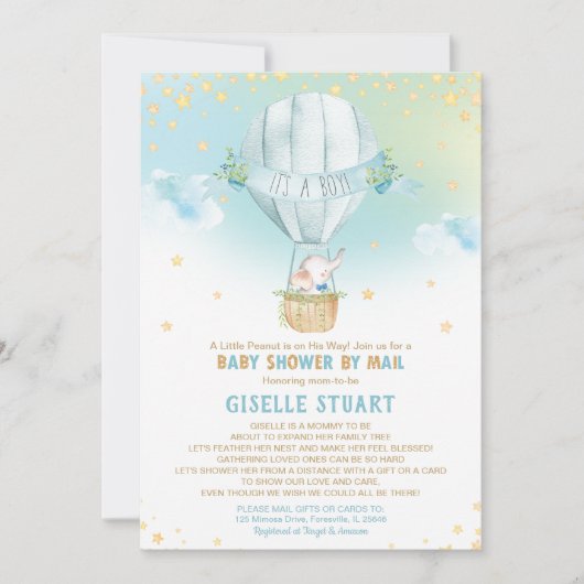 Elephant Hot Air Balloon Baby shower door Mail Boy Kaart (Voorkant)