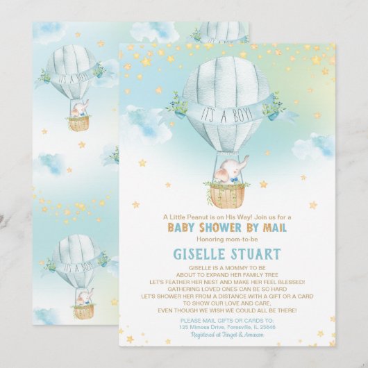 Elephant Hot Air Balloon Baby shower door Mail Boy Kaart (Voorkant / Achterkant)