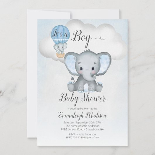 Elephant Hot Air Balloon Boy Baby shower | Blauw i Kaart (Voorkant)