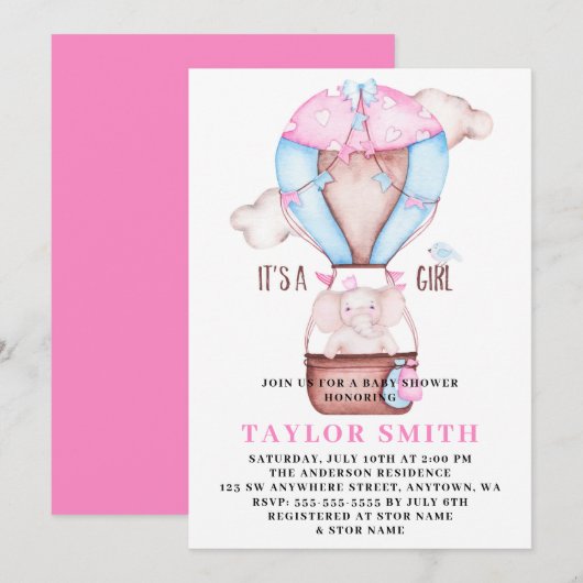 Elephant Hot Air Waterverf Baby shower Kaart (Voorkant / Achterkant)