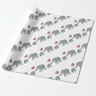 Elephant Hugs Grey Ma en Baby met Red Heart Cadeaupapier