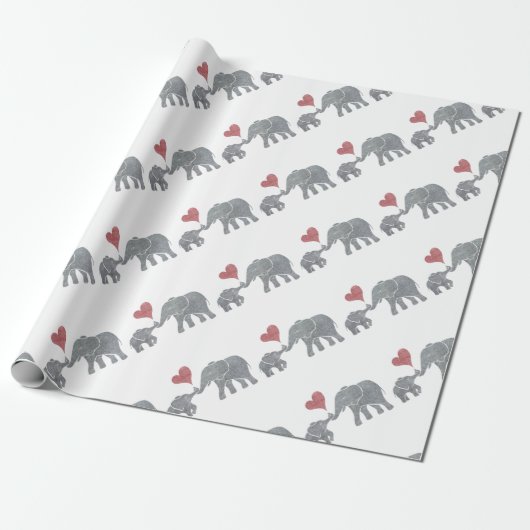 Elephant Hugs Grey Ma en Baby met Red Heart Cadeaupapier (Uitgerold)