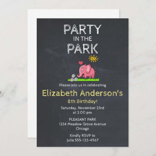 Elephant in de Grass Party in het Park Invite Kaart (Voorkant / Achterkant)