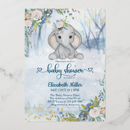 Elephant in het winterbos Baby shower Folie Uitnodiging (Voorkant)