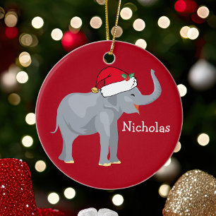 Elephant in Santa Hat Cute Custom Kinder Kerstmis Keramisch Ornament