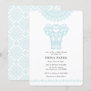 Elephant Indian Blue Baby shower Invitation Kaart