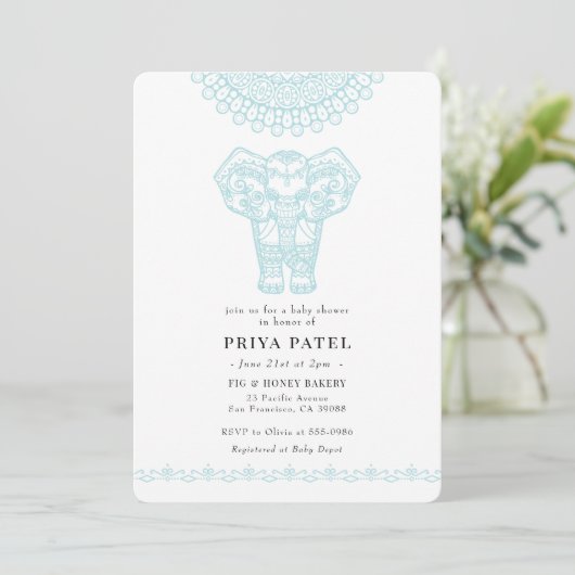 Elephant Indian Blue Baby shower Kaart (Staand voorkant)
